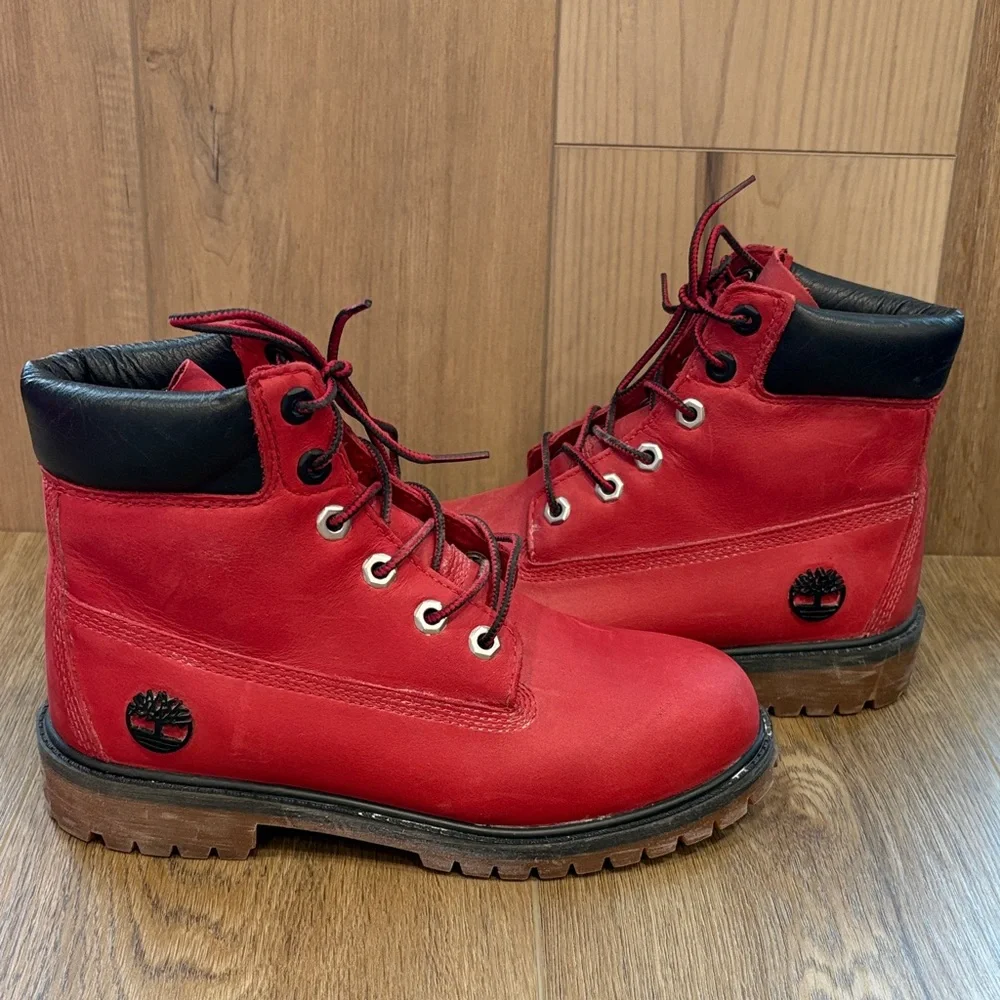 Timberland 6 Inch Premium Boot Junior BULLS Red Nubuck Lace Up Boot 4.5